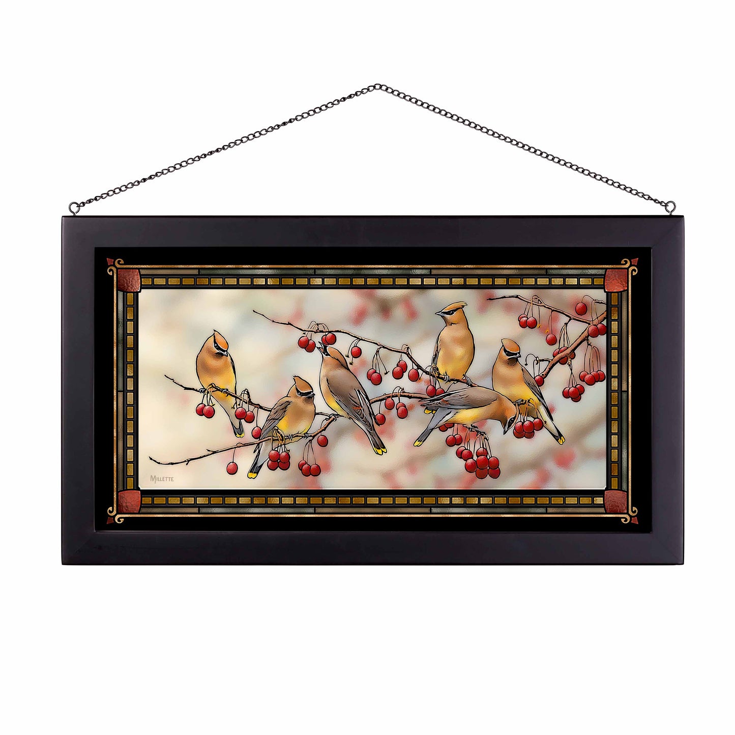 Crabapple Bandits - Cedar Waxwings - 13" x 23" Stained Glass Art