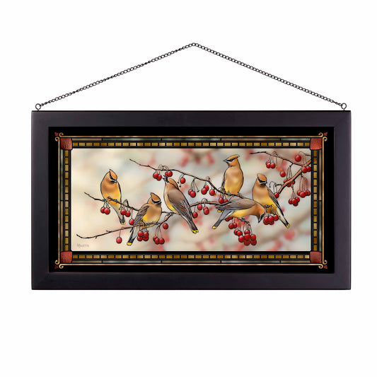 Crabapple Bandits - Cedar Waxwings - 13" x 23" Stained Glass Art